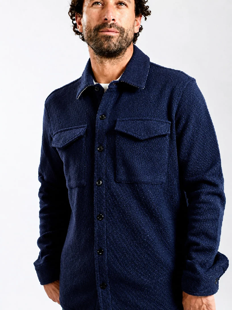 Navy textured overshirt on a model