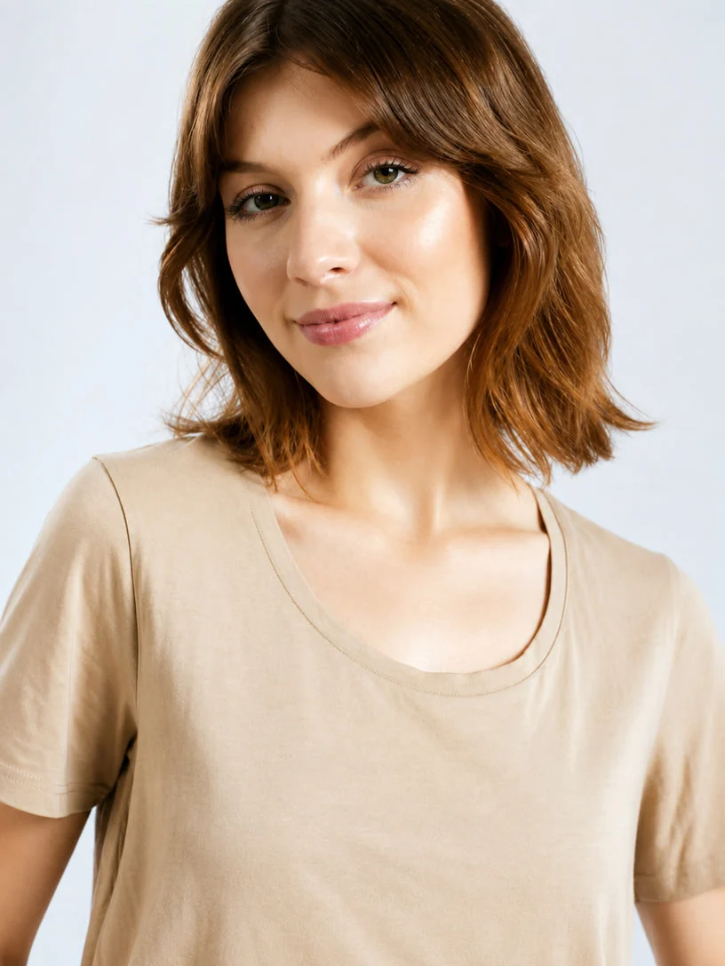 Beige scoop-neck cotton T-shirt