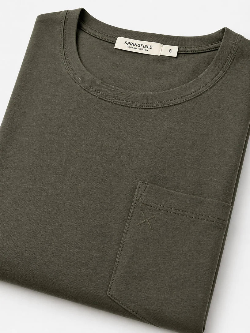 Folded olive cotton T-shirt with pocket