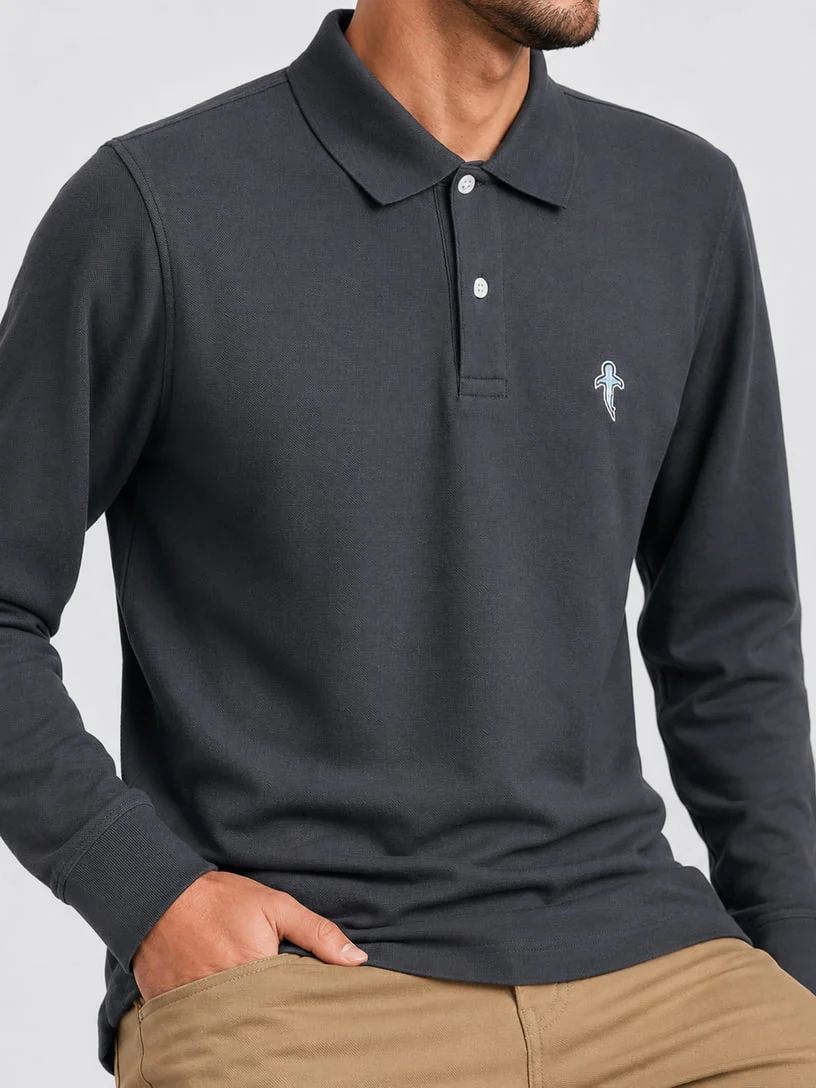 Charcoal long-sleeve polo on a model