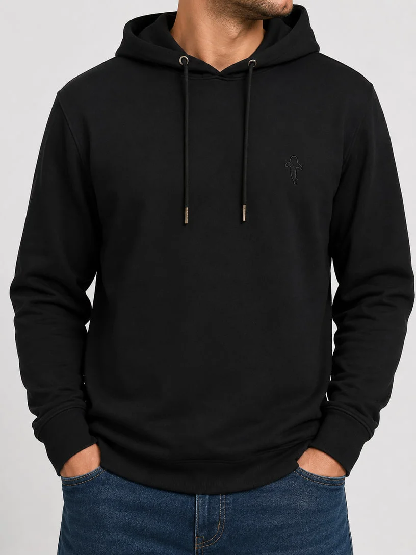 Black cotton hoodie on a model
